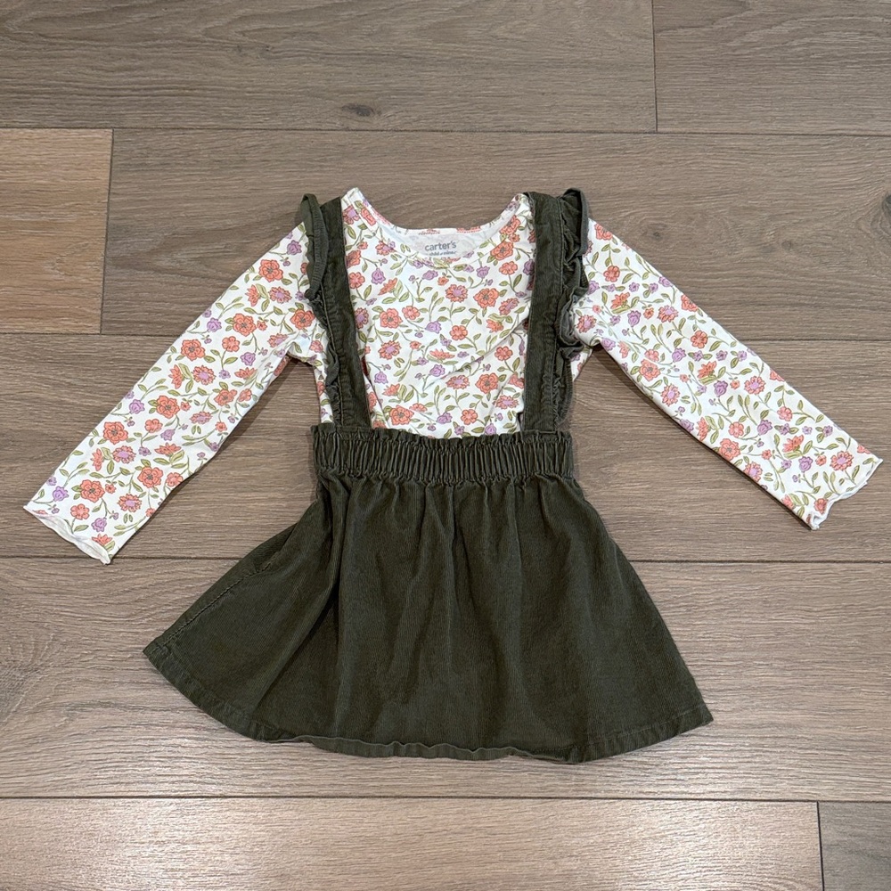 CARTERS Olive Green Corduroy Pink Purple Floral Long Sleeve Girls Dress Size 3T
